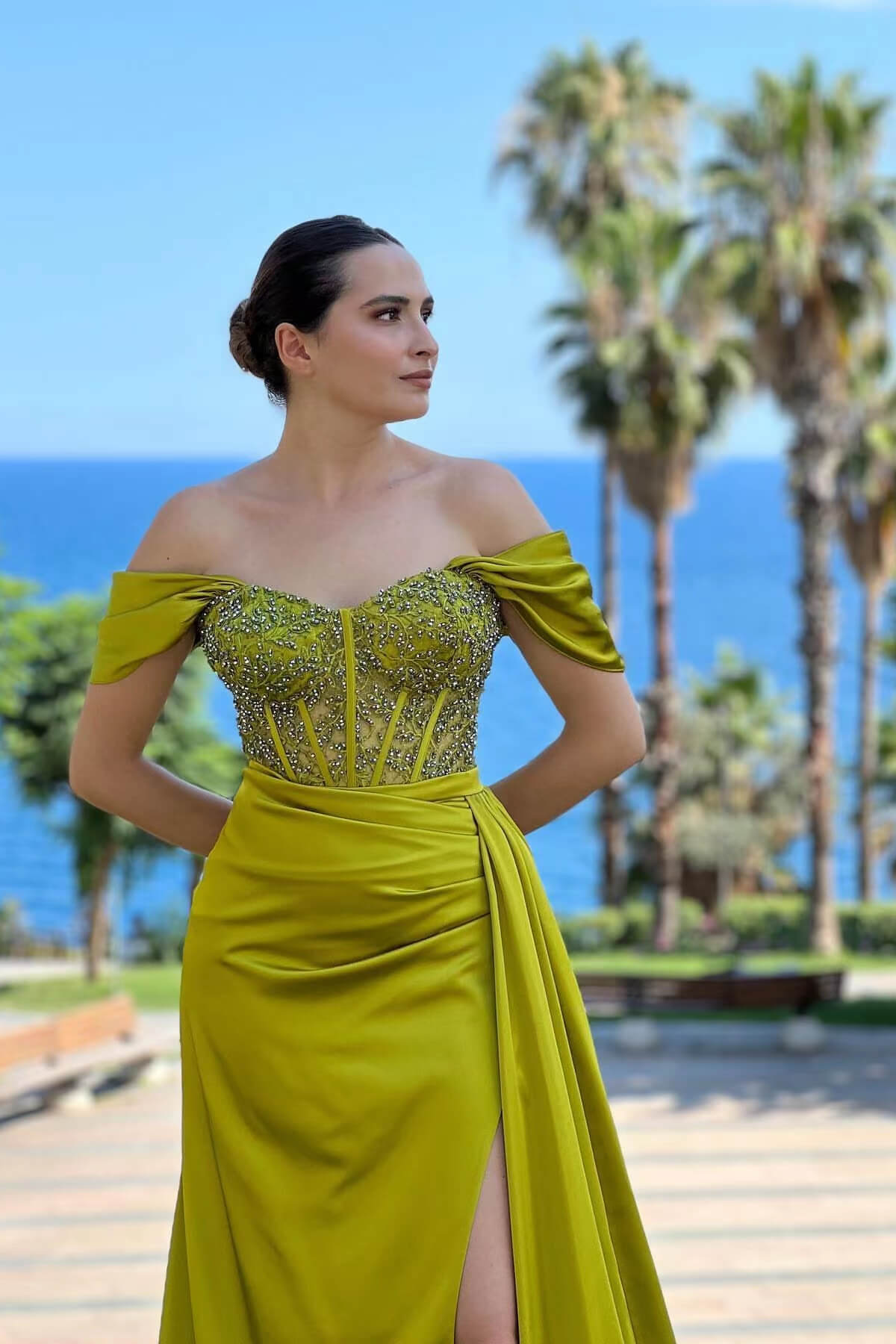 Classic Olive Green Off-the-Shoulder Evening Gown With Slit and Beads-BallBride