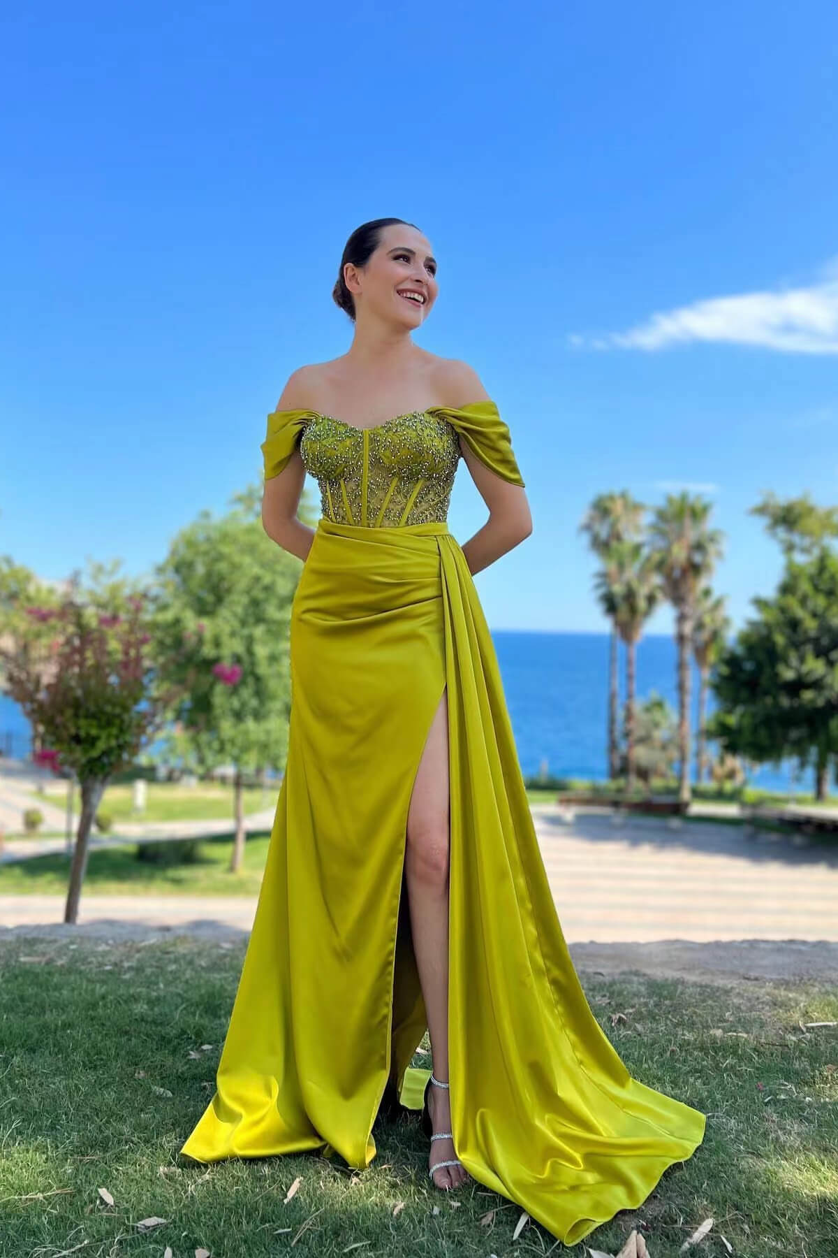Classic Olive Green Off-the-Shoulder Evening Gown With Slit and Beads-BallBride