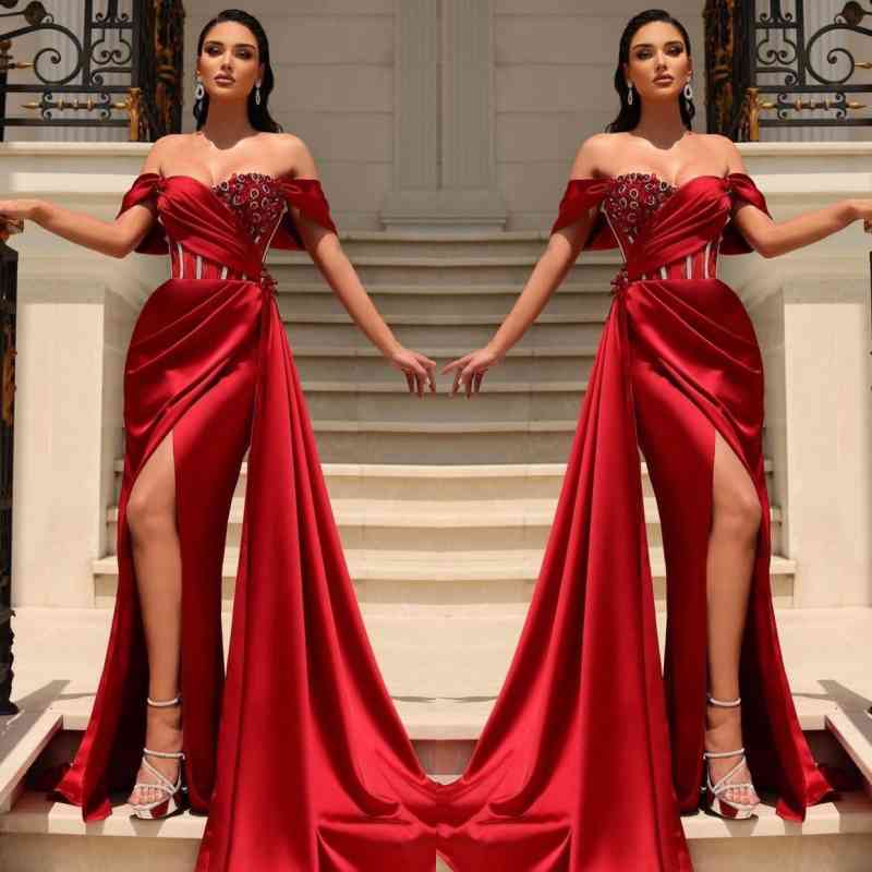 Classic Red Off-the-Shoulder Slit Prom Dress Long with Ruffle Beads-BallBride