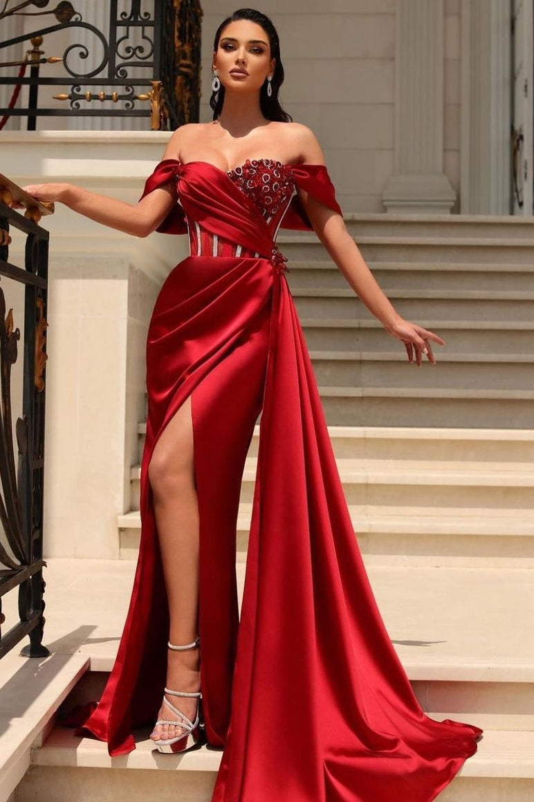 Classic Red Off-the-Shoulder Slit Prom Dress Long with Ruffle Beads-BallBride