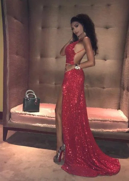 Classic Red Sequined Slit Long Evening Dress Evening Party Gowns Backless-BallBride