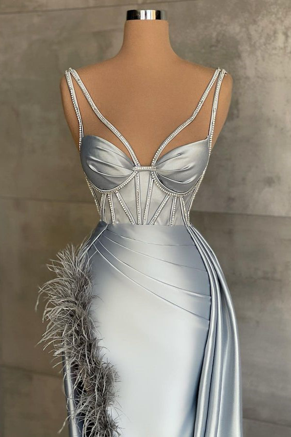Classic Silver Grey Sleeveless Mermaid Prom Dress with Feathers-BallBride