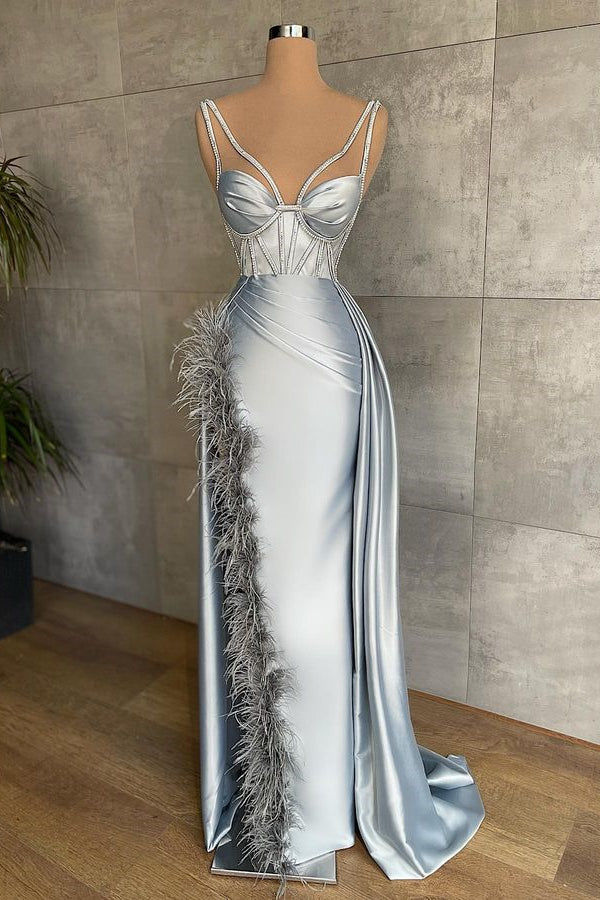 Classic Silver Grey Sleeveless Mermaid Prom Dress with Feathers-BallBride