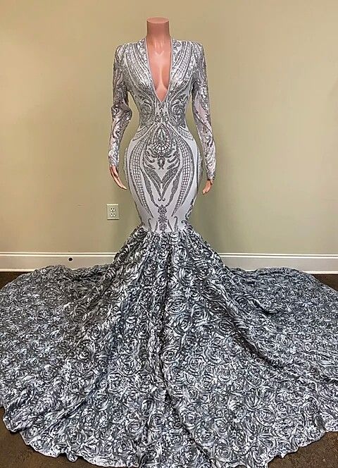 Classic Silver Sequins Long Sleeves Prom Dress Mermaid With Flowers Bottom-BallBride