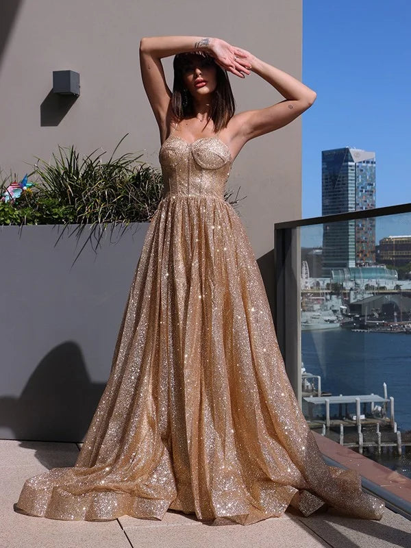 Classic Spaghetti-Straps Sequins Long Evening Dress-BallBride