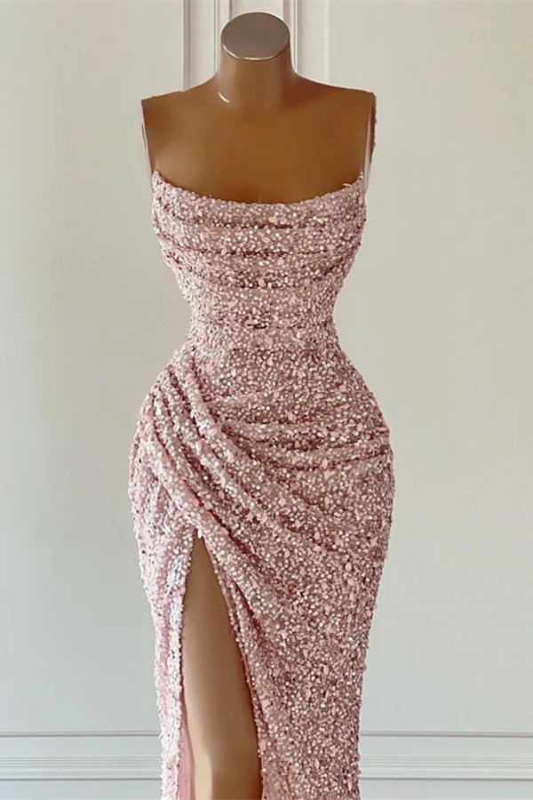 Classic Strapless Sequins Mermaid Evening Party Gowns Long With Slit-BallBride