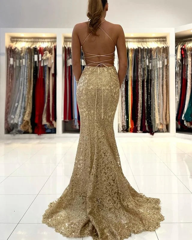 ClassicGold Appliques Lace Mermaid Evening Dress Long Spaghetti-Straps-BallBride