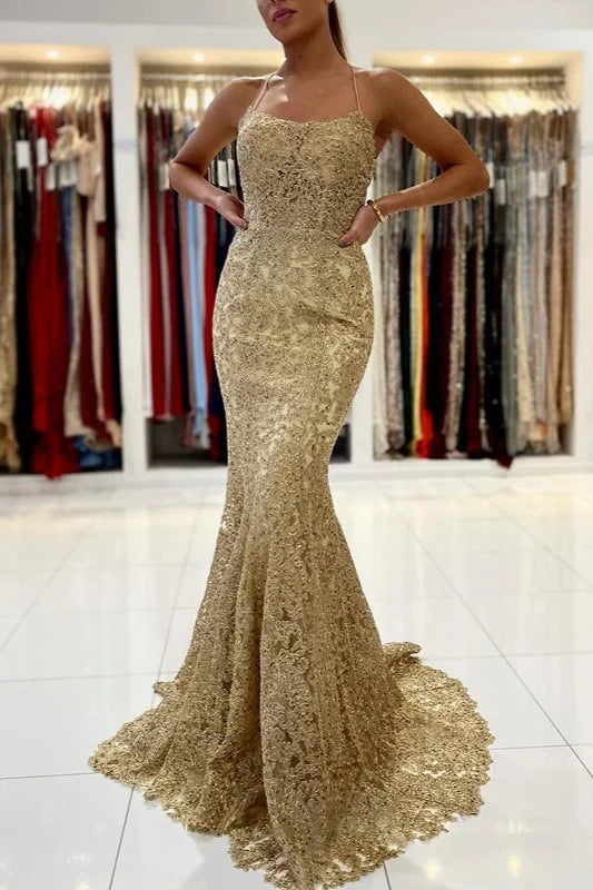 ClassicGold Appliques Lace Mermaid Evening Dress Long Spaghetti-Straps-BallBride