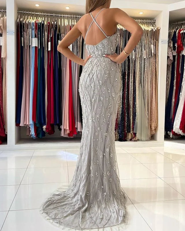 ClassicSpaghett-Straps Mermaid Evening Dress Beadings Split Party Gown-BallBride