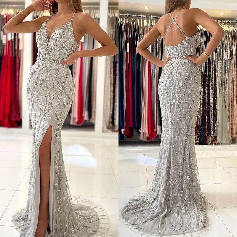 ClassicSpaghett-Straps Mermaid Evening Dress Beadings Split Party Gown-BallBride
