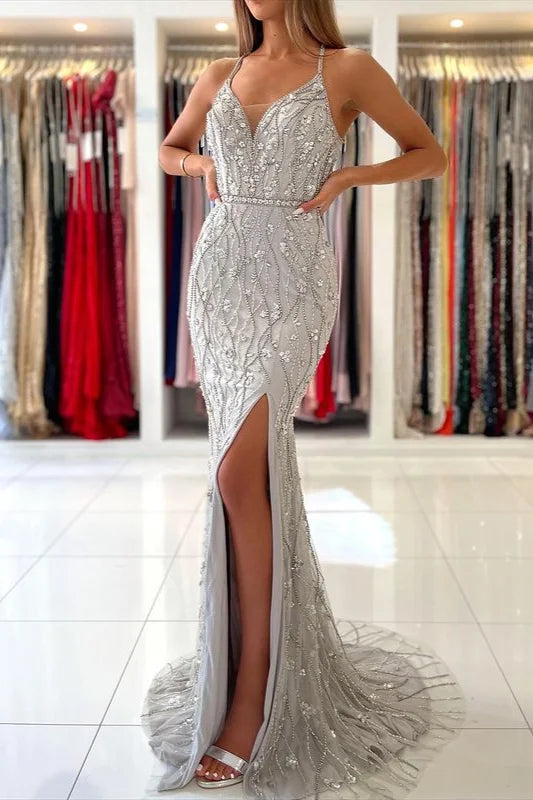 ClassicSpaghett-Straps Mermaid Evening Dress Beadings Split Party Gown-BallBride