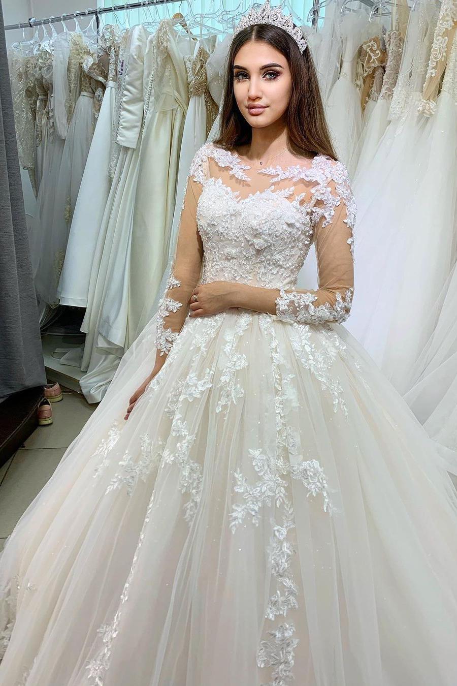 Classy Bateau Long Sleeve Princess Wedding Dress with Appliques and Lace Tulle-BallBride