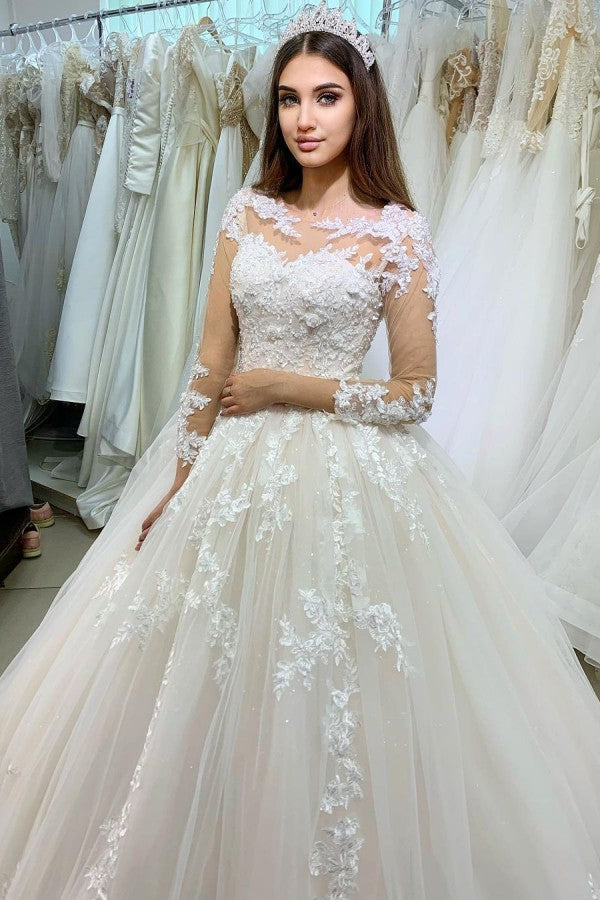 Classy Bateau Long Sleeve Princess Wedding Dress with Appliques and Lace Tulle-BallBride