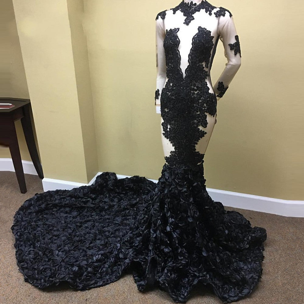 Classy Black Long Sleeves Prom Dress with Mermaid Appliques & Flowers Bottom-BallBride