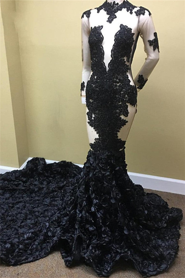 Classy Black Long Sleeves Prom Dress with Mermaid Appliques & Flowers Bottom-BallBride