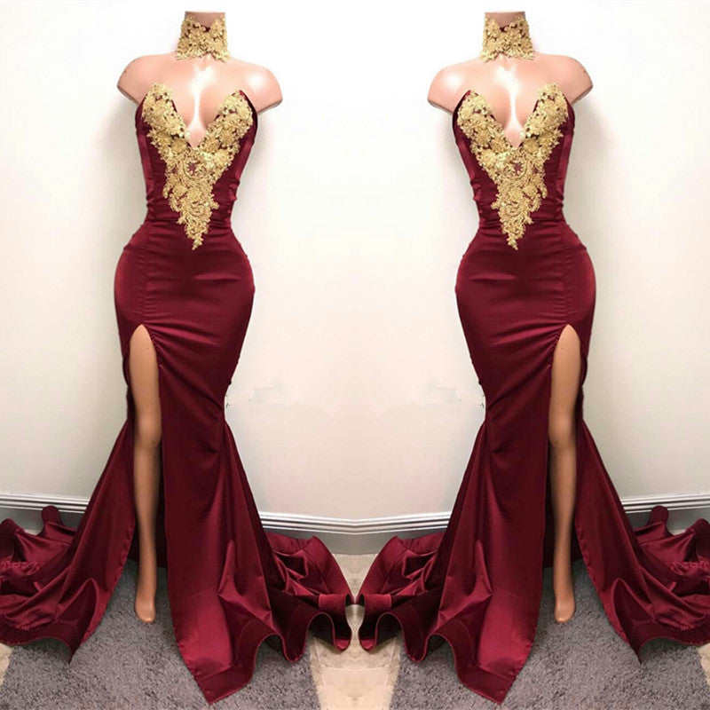 Classy Burgundy Mermaid Prom Dress with Gold Appliques-BallBride