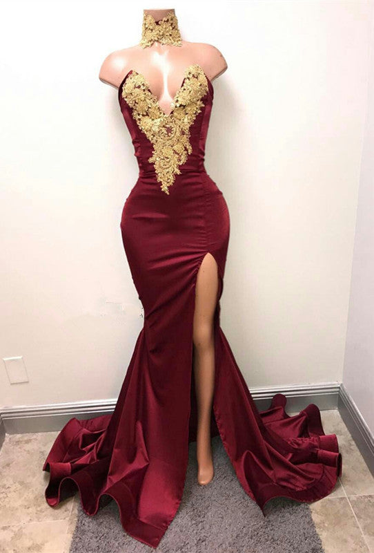 Classy Burgundy Mermaid Prom Dress with Gold Appliques-BallBride