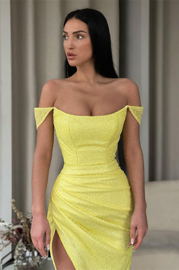 Classy Daffodil Off-the-Shoulder Mermaid Prom Dress with Split Sequins-BallBride