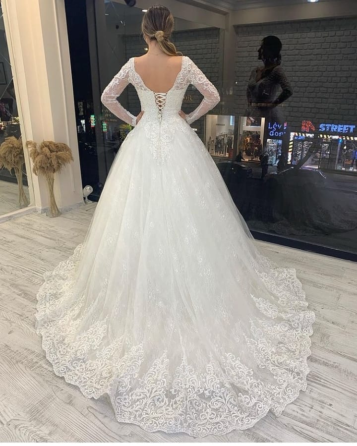 Classy Long Sleeve V-neck A-Line Wedding Dress With Backless Tulle and Appliques Lace-BallBride