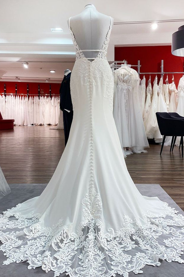 Classy Long V-neck Satin Wedding Dress with Lace Appliques-BallBride