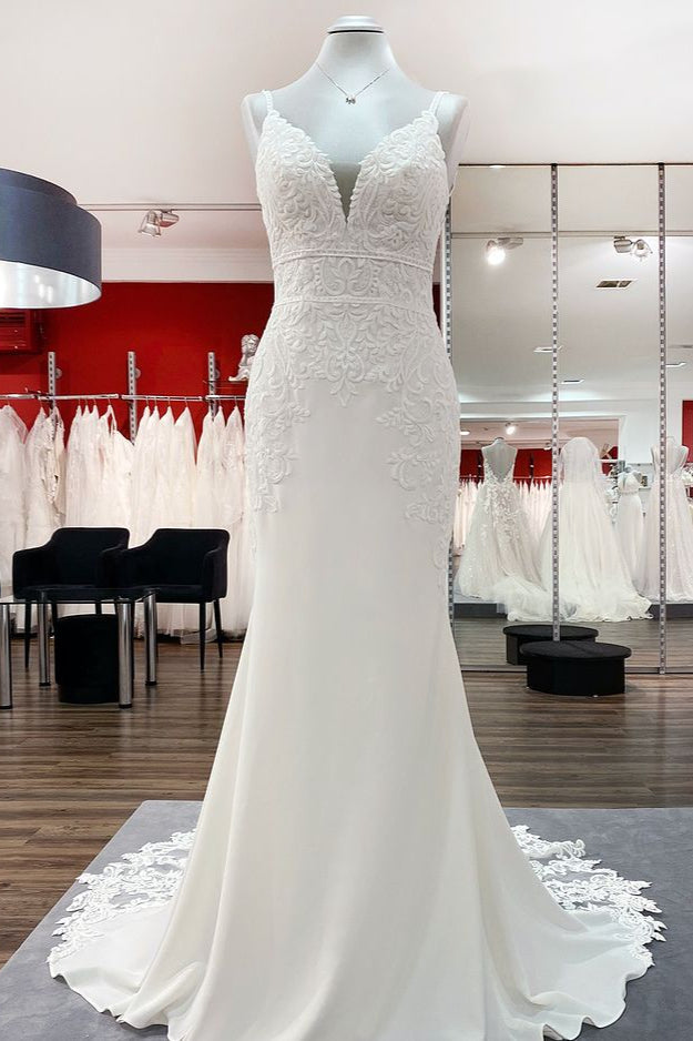 Classy Long V-neck Satin Wedding Dress with Lace Appliques-BallBride