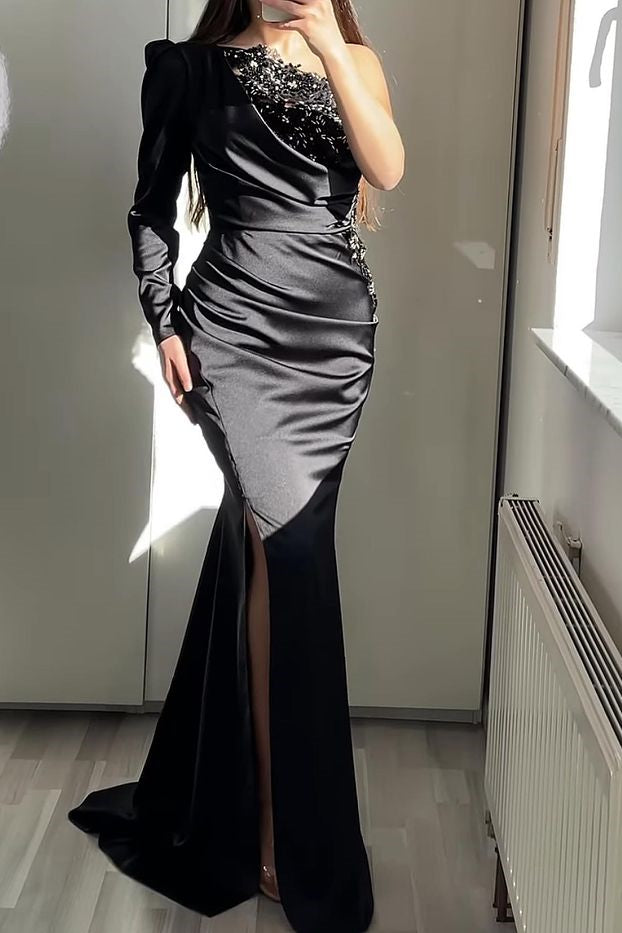 Classy Mermaid Prom Dress with One Shoulder Split and Beadings-BallBride