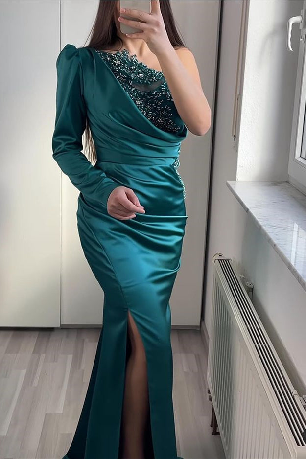 Classy Mermaid Prom Dress with One Shoulder Split and Beadings-BallBride