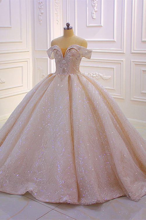 Classy Off-The-Shoulder Satin Ruffles Ball Gown Wedding Dress With Sequins Beading-BallBride