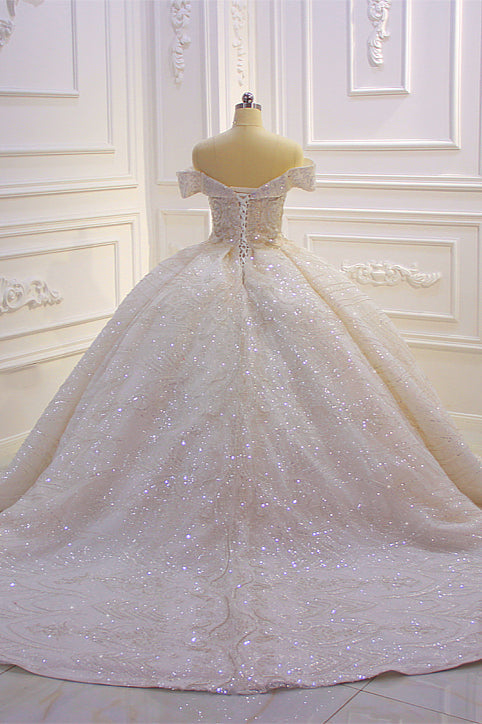 Classy Off-The-Shoulder Satin Ruffles Ball Gown Wedding Dress With Sequins Beading-BallBride