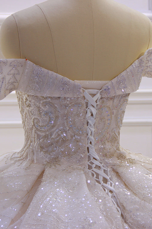 Classy Off-The-Shoulder Satin Ruffles Ball Gown Wedding Dress With Sequins Beading-BallBride