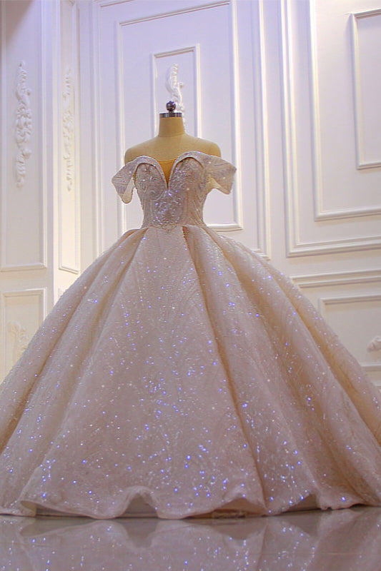 Classy Off-The-Shoulder Satin Ruffles Ball Gown Wedding Dress With Sequins Beading-BallBride