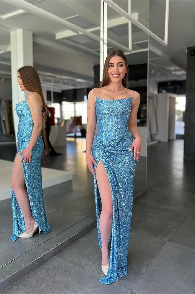 Classy Spaghetti-Straps Sequins Blue Evening Dress Long With Split-BallBride