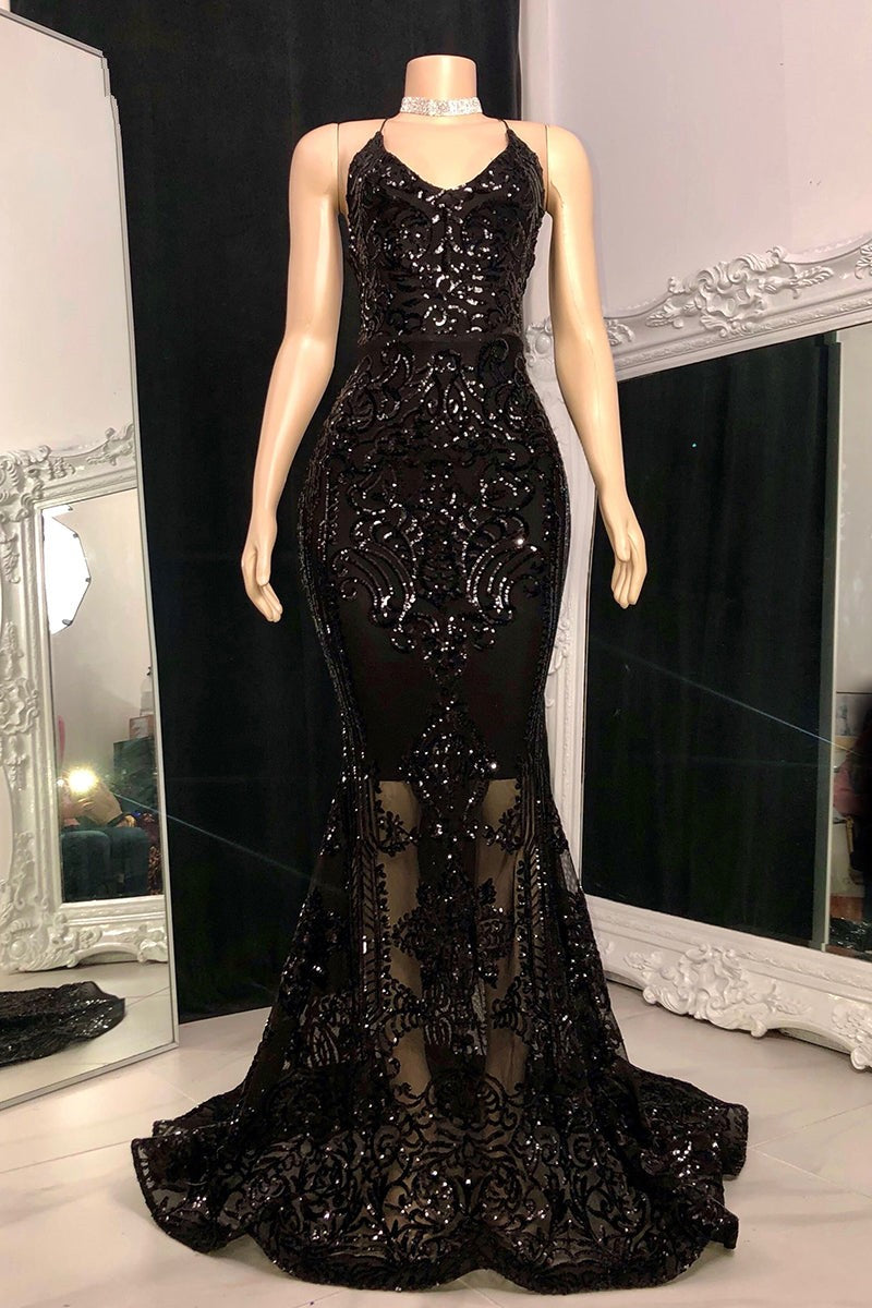 Classy V-Neck Sleeveless Prom Dress | Mermaid Sequins Long-BallBride