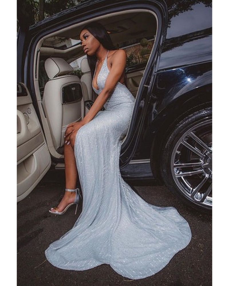 Cool Sky Blue Sequins Halter Open Back Side Slit Prom Dress-BallBride