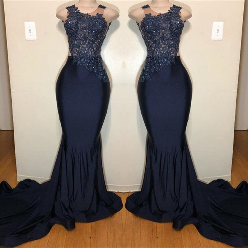 Dark Blue Mermaid Prom Dress with Sleeveless Appliques-BallBride