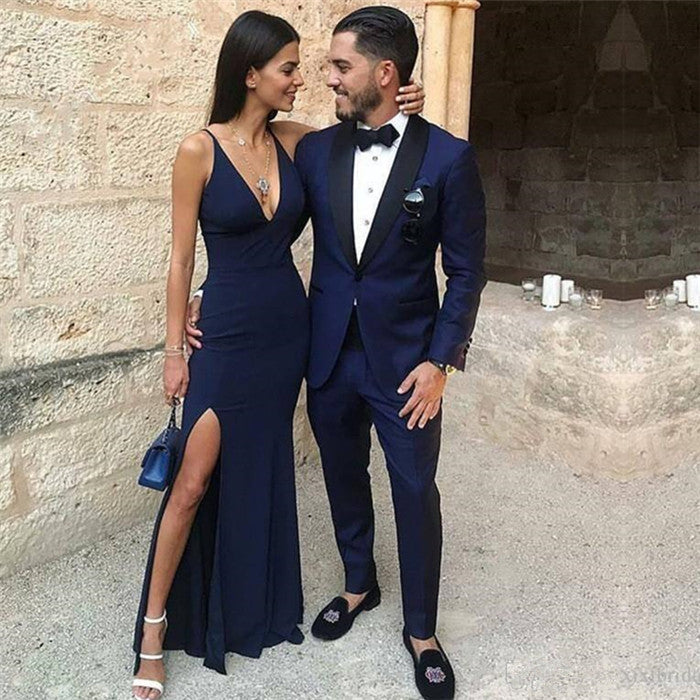 Dark Blue One Button Two Pieces Blazer for Groom by Black Lapel-BallBride