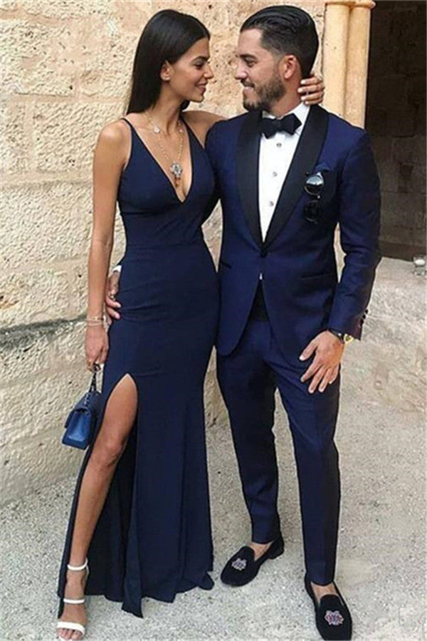 Dark Blue One Button Two Pieces Blazer for Groom by Black Lapel-BallBride