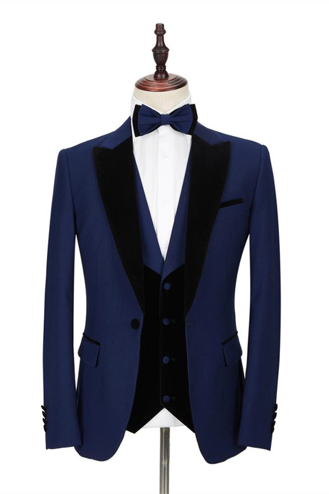 Dark Blue Peak Lapel Men's Wedding Suit | Velvet Lapel Formal Suit-BallBride
