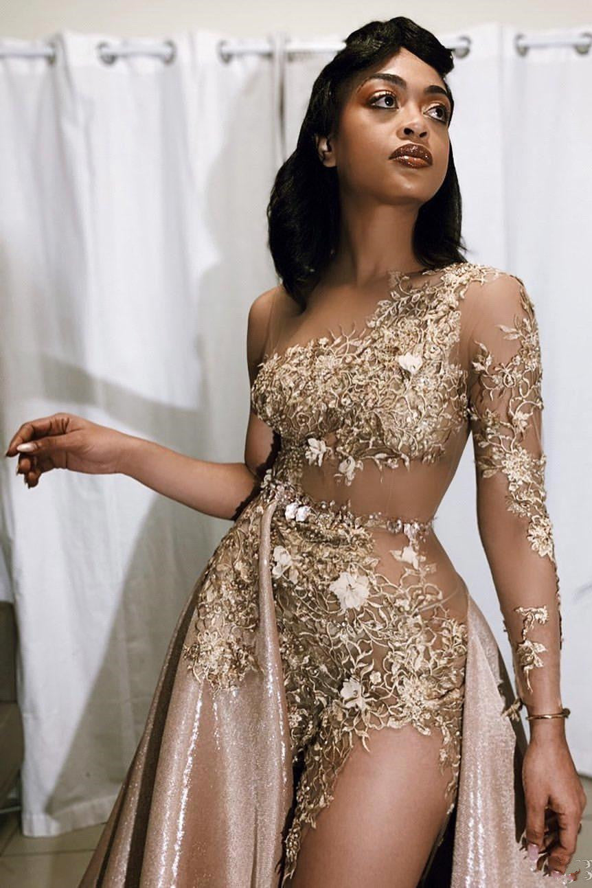 Dark Champagne Sheer Tulle Appliques Sexy Long Sleeves Prom Dress-BallBride