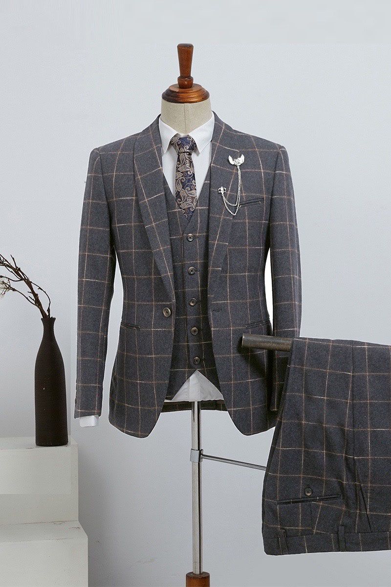 Dark Gray Plaid 3 Pieces Slim Fit Custom Business Suit by Barlow Fashion-BallBride