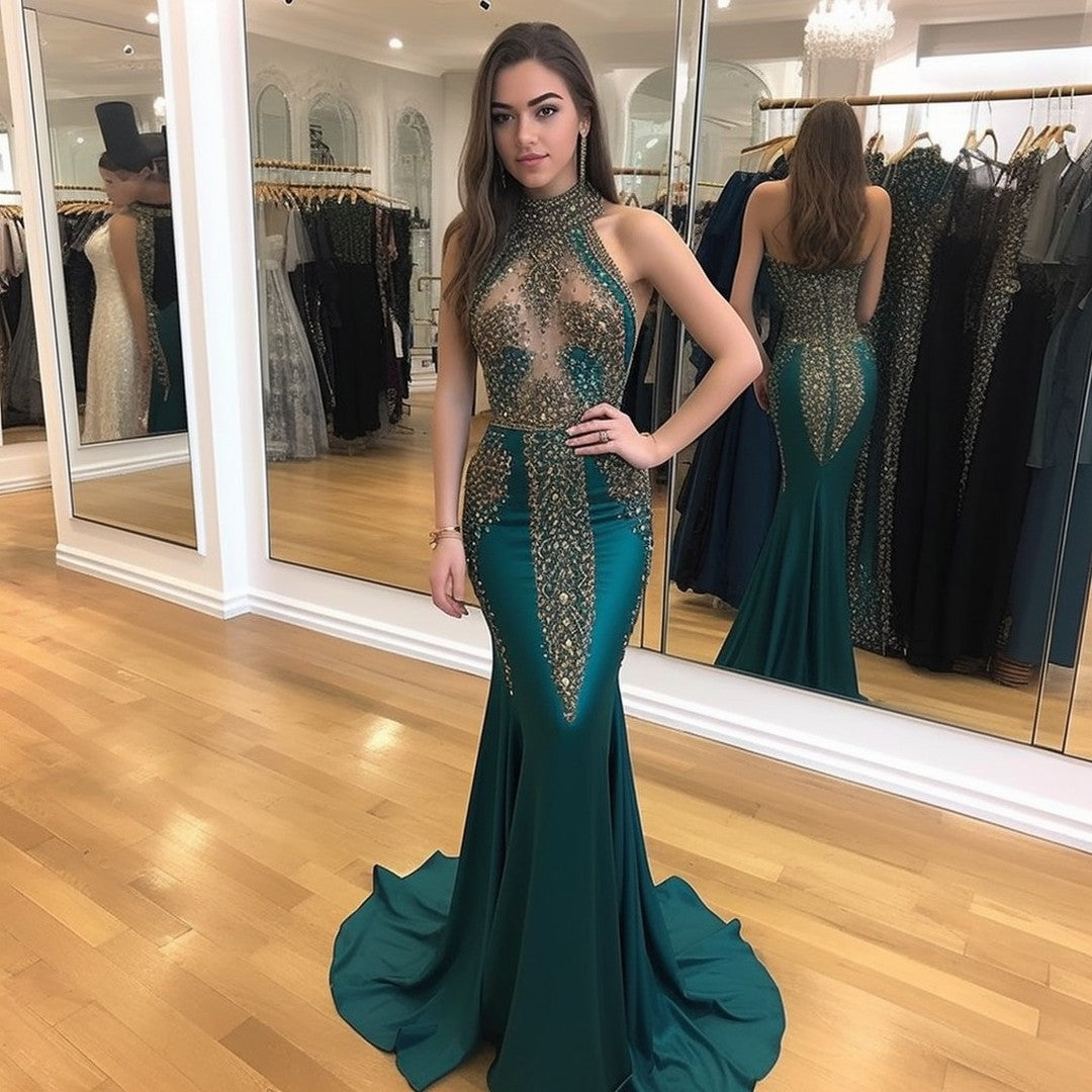 Dark Green Halter Mermaid Prom Dress with Beaded Sequins-BallBride
