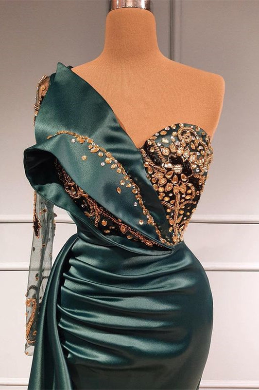Dark Green Long Lace Sleeved Beaded Mermaid Evening Dress With Appliques-BallBride