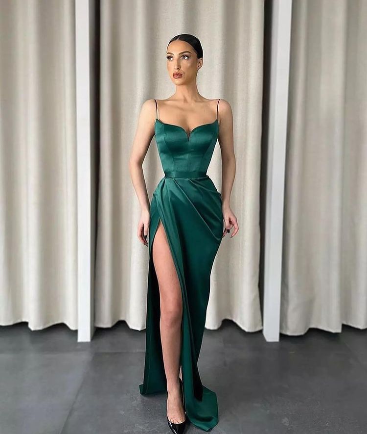 Dark Green Mermaid Sweetheart Prom Dress With Split and Spaghetti Straps-BallBride