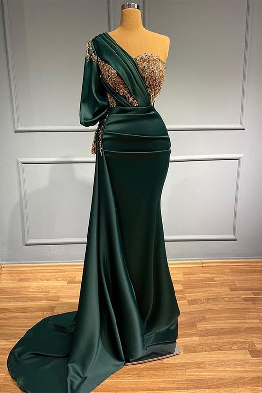 Dark Green One-Shoulder Mermaid Prom Dress With Beads & Appliques-BallBride