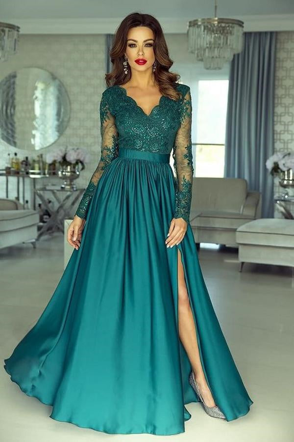 Dark Green Prom Dress with Lace Appliques and Slit - Long Sleeves-BallBride