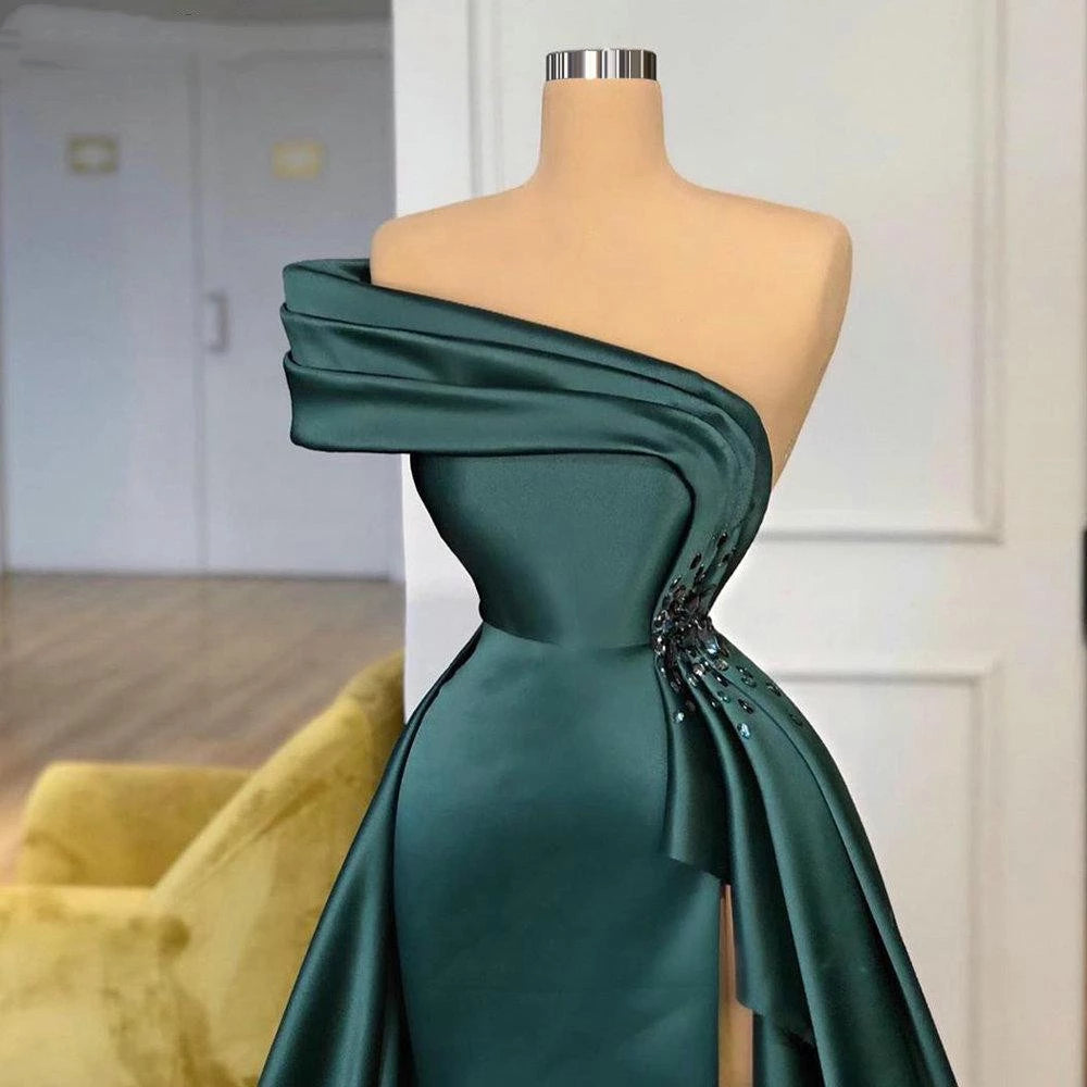 Dark Green Soft Satin Off-Shoulder Ruffles Tiered Side Slit Prom Dress-BallBride