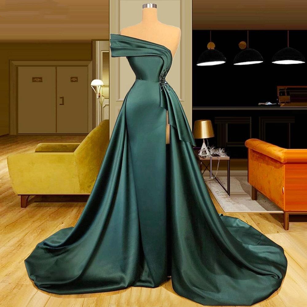 Dark Green Soft Satin Off-Shoulder Ruffles Tiered Side Slit Prom Dress-BallBride