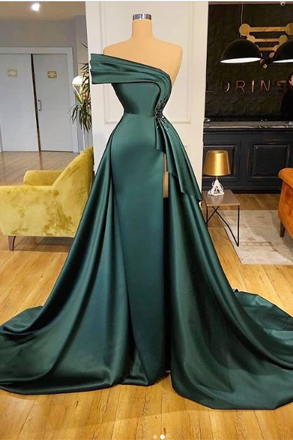 Dark Green Soft Satin Off-Shoulder Ruffles Tiered Side Slit Prom Dress-BallBride