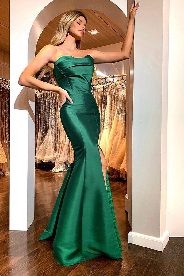 Dark Green Soft Satin Sweetheart Front Split Ruffles Prom Dress-BallBride