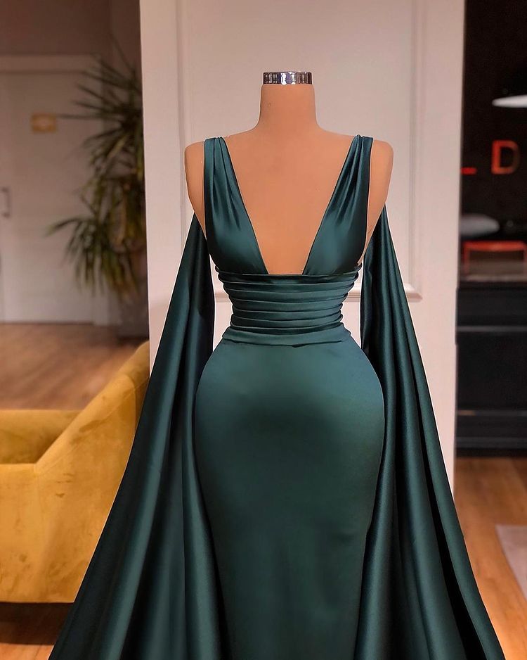 Dark Green V-Neck Sleeveless Sheath Ruffles Prom Dress-BallBride